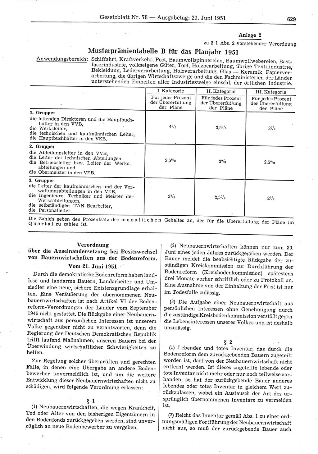 Gesetzblatt (GBl.) der Deutschen Demokratischen Republik (DDR) 1951, Seite 629 (GBl. DDR 1951, S. 629)