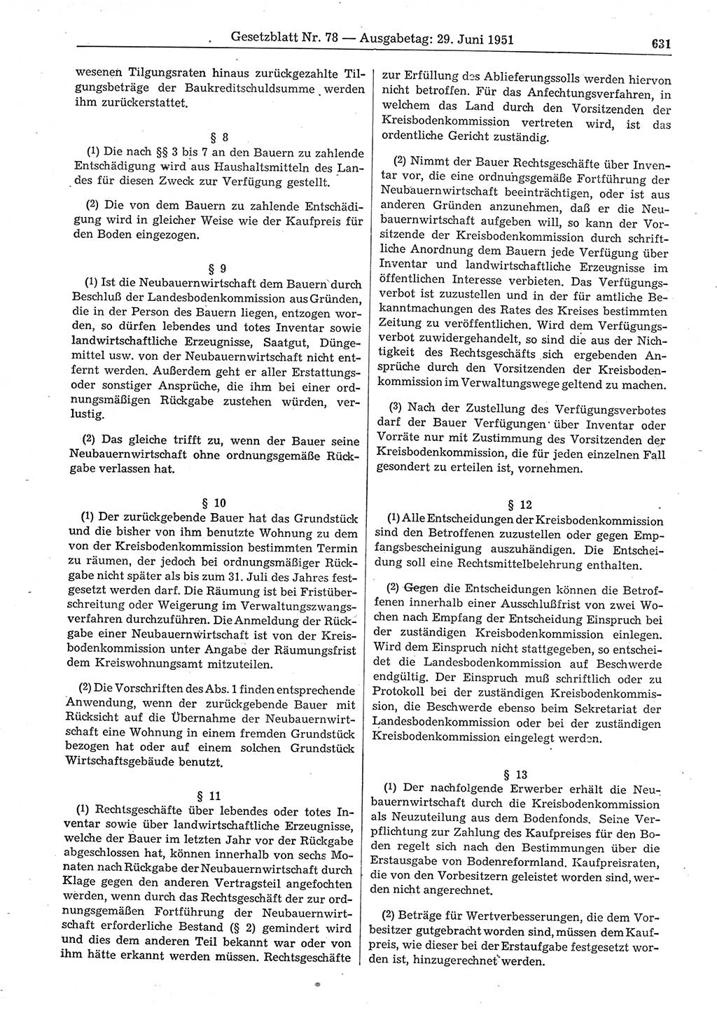 Gesetzblatt (GBl.) der Deutschen Demokratischen Republik (DDR) 1951, Seite 631 (GBl. DDR 1951, S. 631)