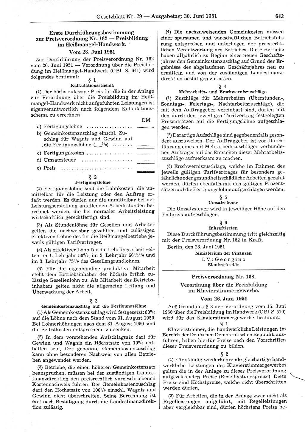 Gesetzblatt (GBl.) der Deutschen Demokratischen Republik (DDR) 1951, Seite 643 (GBl. DDR 1951, S. 643)