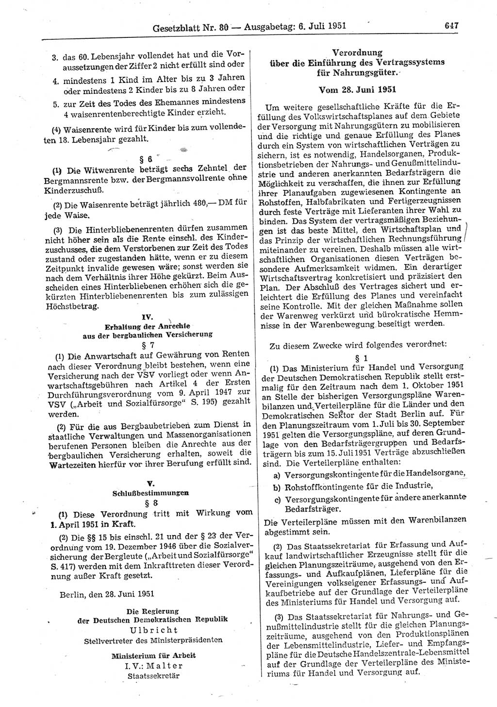 Gesetzblatt (GBl.) der Deutschen Demokratischen Republik (DDR) 1951, Seite 647 (GBl. DDR 1951, S. 647)