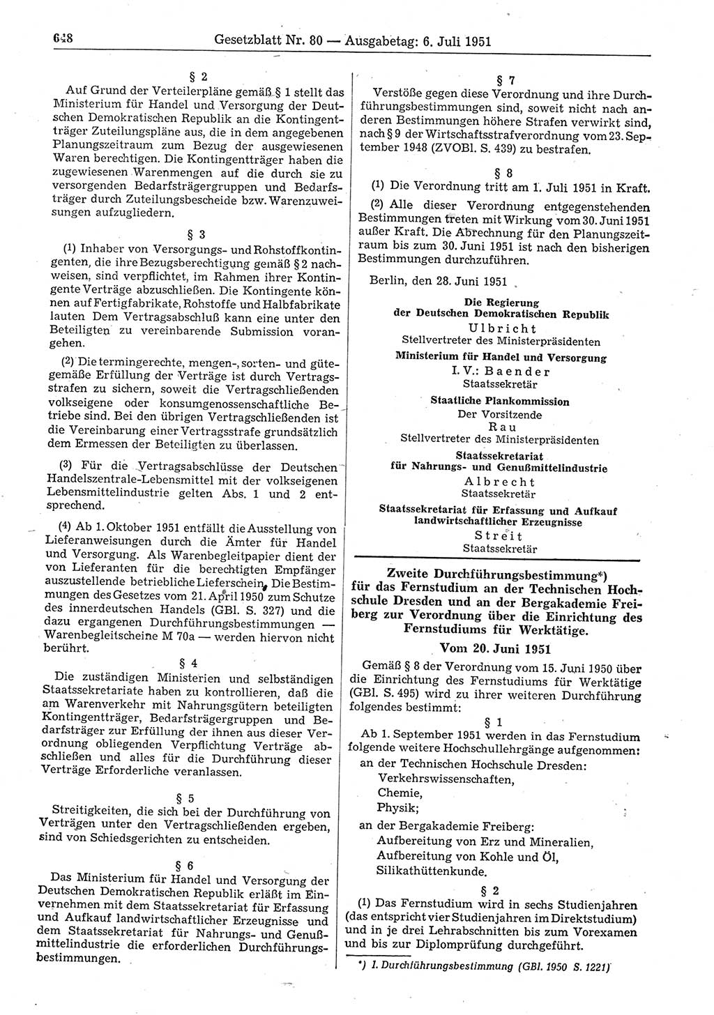 Gesetzblatt (GBl.) der Deutschen Demokratischen Republik (DDR) 1951, Seite 648 (GBl. DDR 1951, S. 648)