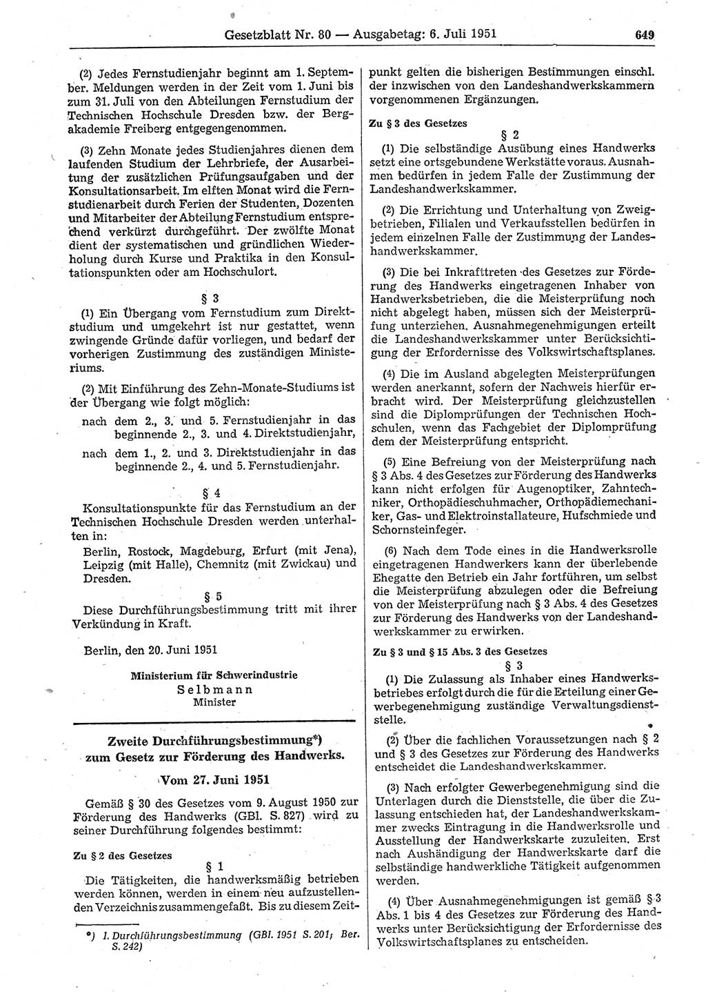 Gesetzblatt (GBl.) der Deutschen Demokratischen Republik (DDR) 1951, Seite 649 (GBl. DDR 1951, S. 649)