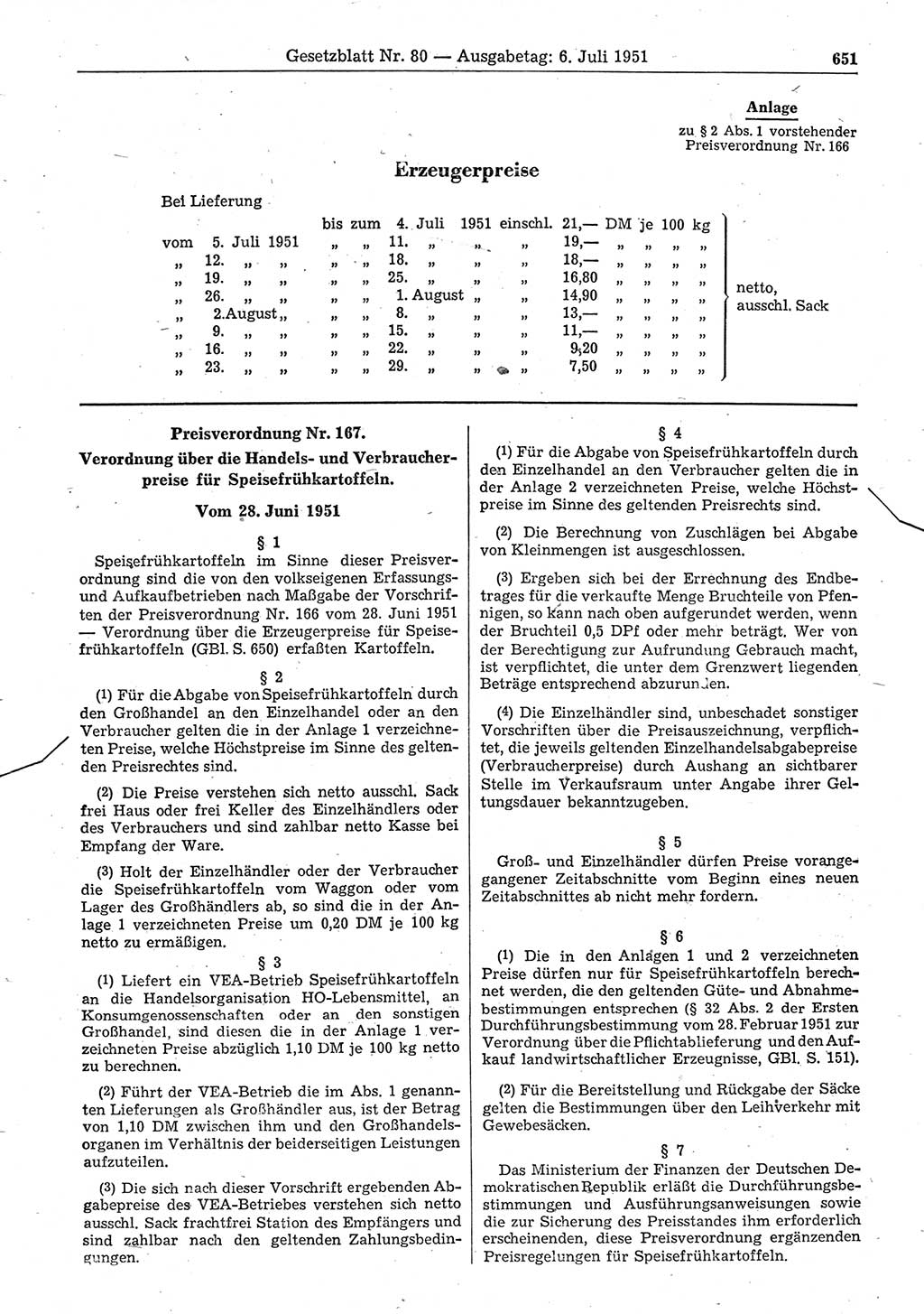 Gesetzblatt (GBl.) der Deutschen Demokratischen Republik (DDR) 1951, Seite 651 (GBl. DDR 1951, S. 651)