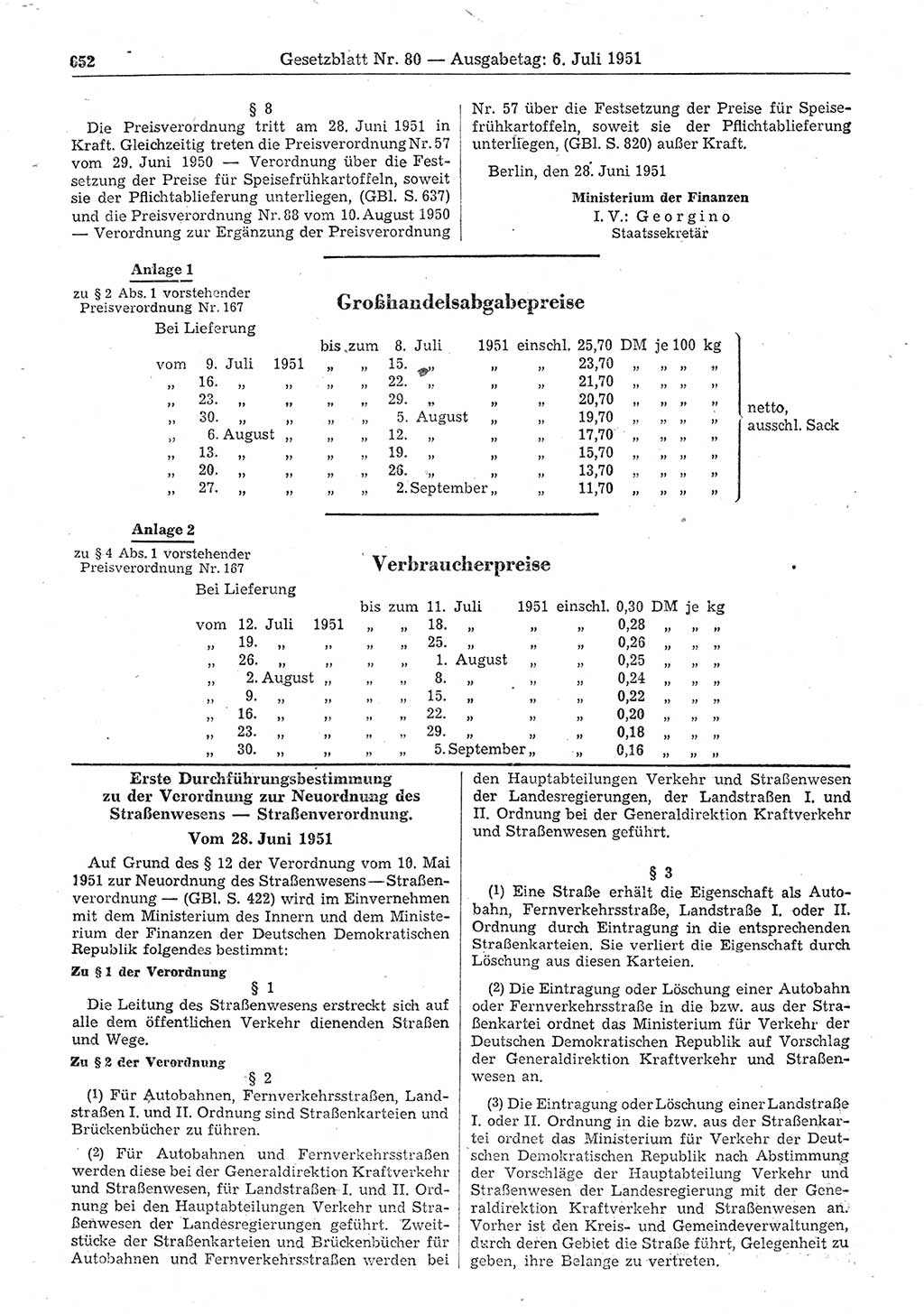 Gesetzblatt (GBl.) der Deutschen Demokratischen Republik (DDR) 1951, Seite 652 (GBl. DDR 1951, S. 652)