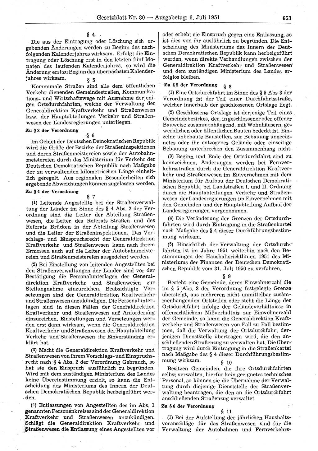 Gesetzblatt (GBl.) der Deutschen Demokratischen Republik (DDR) 1951, Seite 653 (GBl. DDR 1951, S. 653)