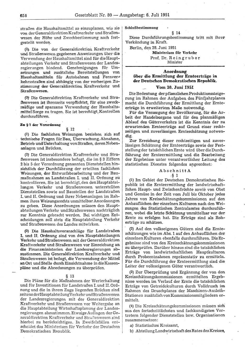Gesetzblatt (GBl.) der Deutschen Demokratischen Republik (DDR) 1951, Seite 654 (GBl. DDR 1951, S. 654)