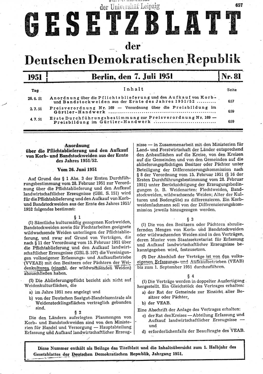 Gesetzblatt (GBl.) der Deutschen Demokratischen Republik (DDR) 1951, Seite 657 (GBl. DDR 1951, S. 657)