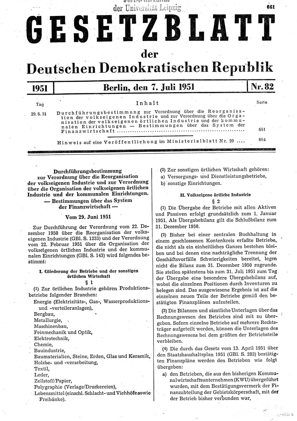 Gesetzblatt (GBl.) der Deutschen Demokratischen Republik (DDR) 1951, Seite 661 (GBl. DDR 1951, S. 661)