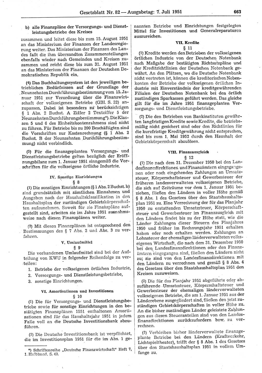 Gesetzblatt (GBl.) der Deutschen Demokratischen Republik (DDR) 1951, Seite 663 (GBl. DDR 1951, S. 663)