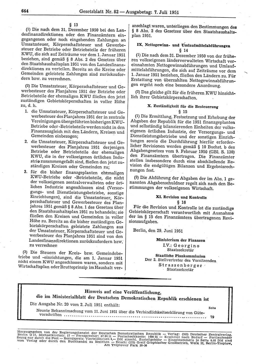 Gesetzblatt (GBl.) der Deutschen Demokratischen Republik (DDR) 1951, Seite 664 (GBl. DDR 1951, S. 664)