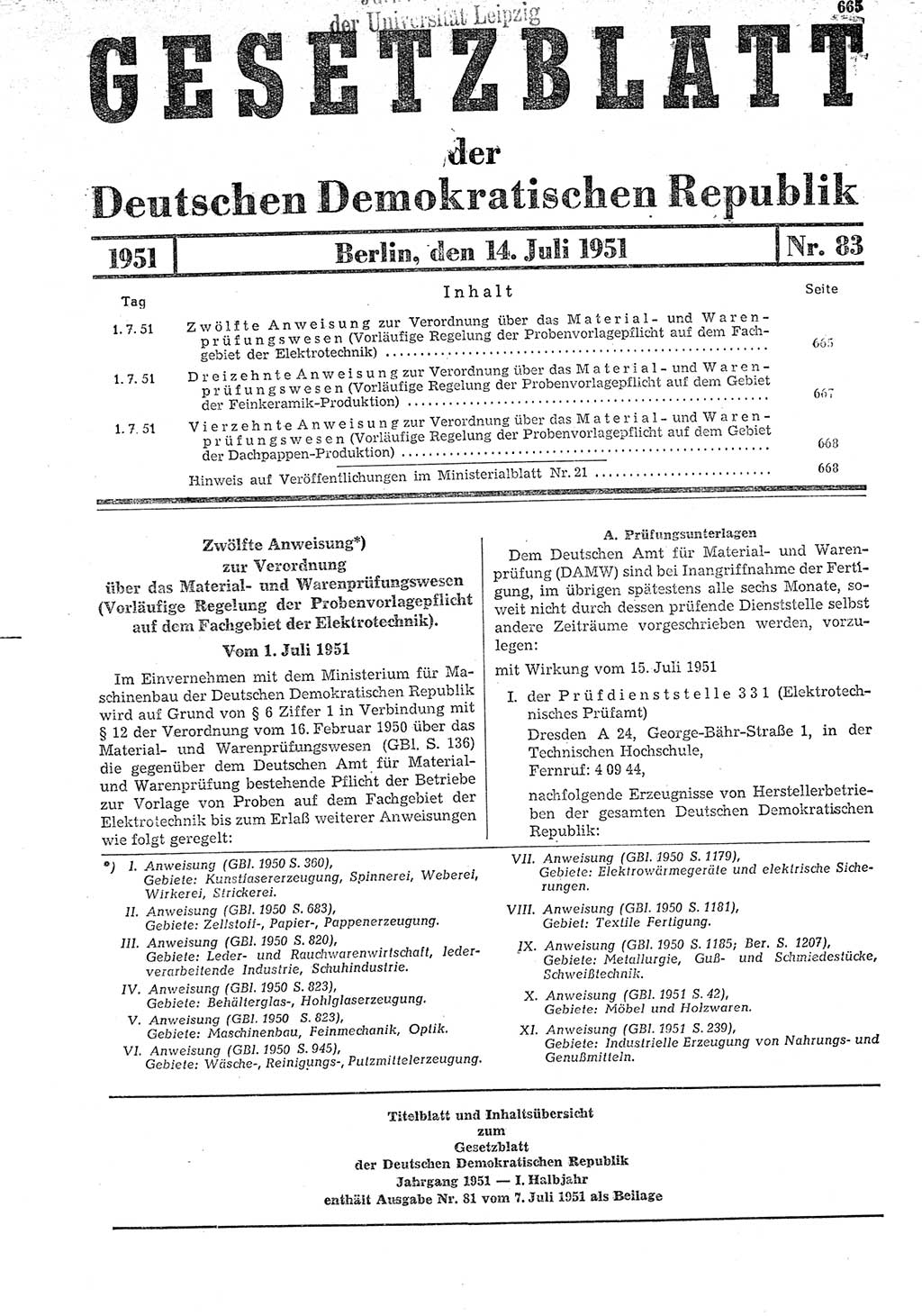 Gesetzblatt (GBl.) der Deutschen Demokratischen Republik (DDR) 1951, Seite 665 (GBl. DDR 1951, S. 665)