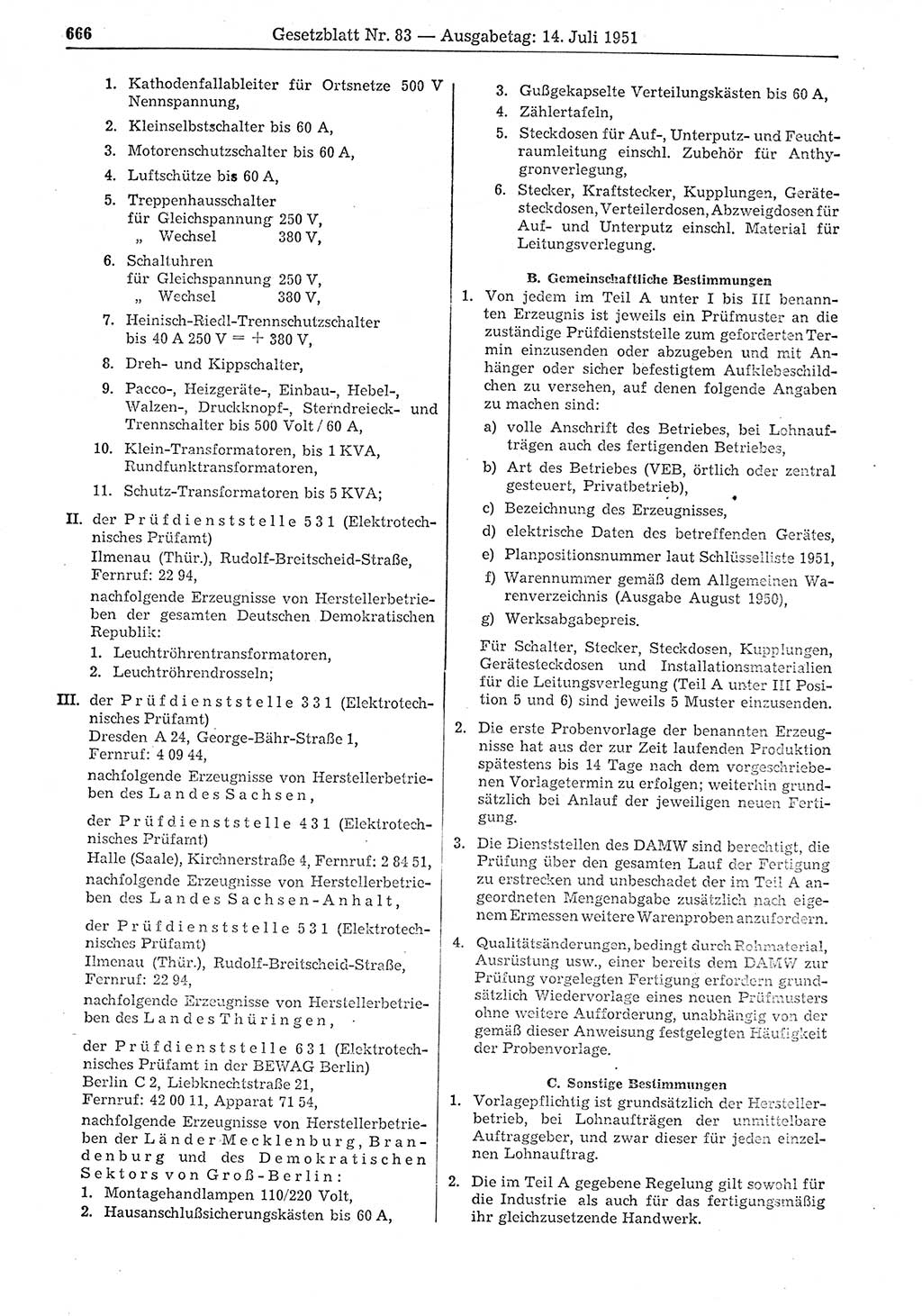 Gesetzblatt (GBl.) der Deutschen Demokratischen Republik (DDR) 1951, Seite 666 (GBl. DDR 1951, S. 666)