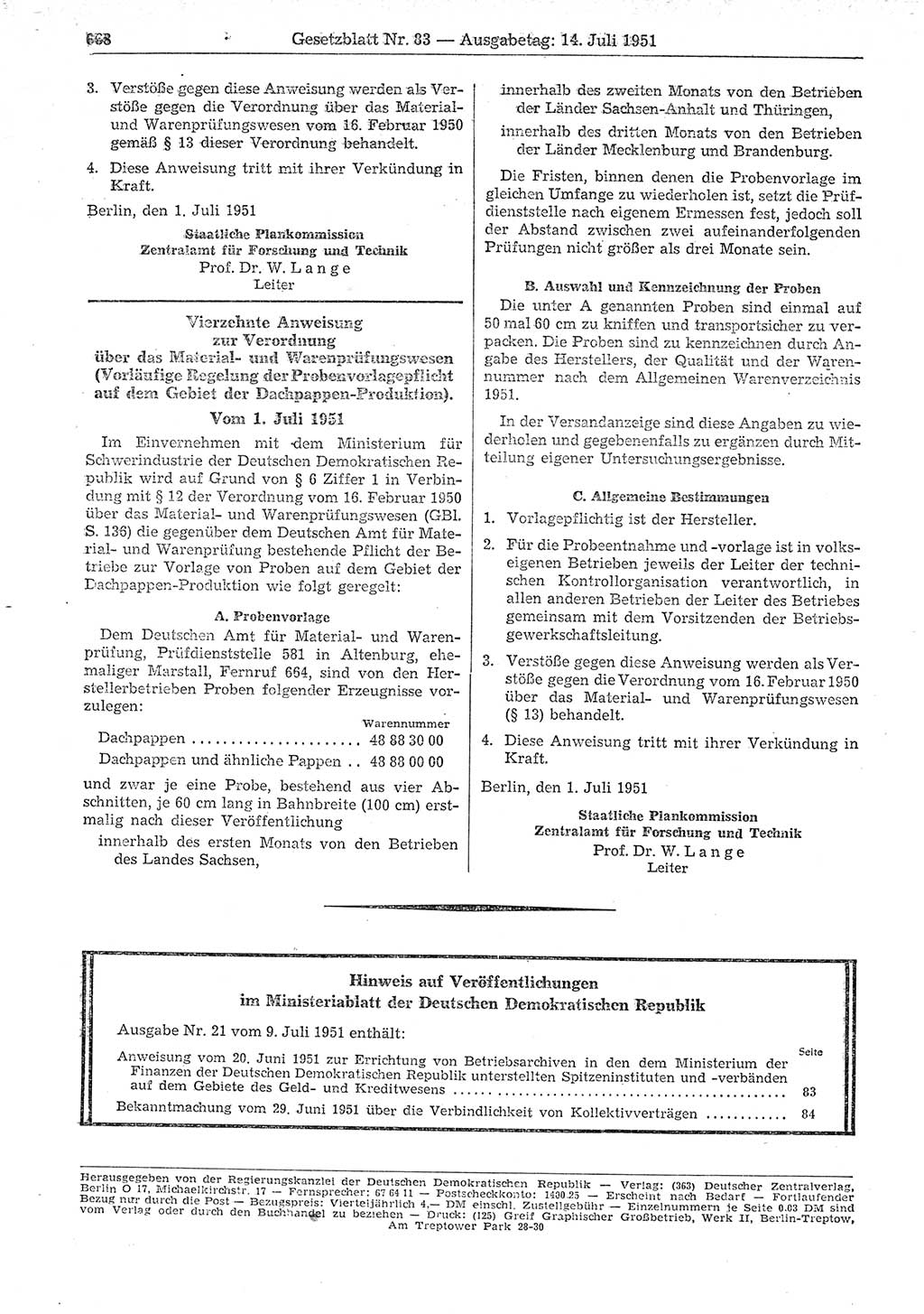 Gesetzblatt (GBl.) der Deutschen Demokratischen Republik (DDR) 1951, Seite 668 (GBl. DDR 1951, S. 668)