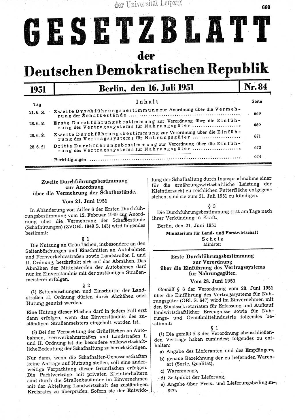 Gesetzblatt (GBl.) der Deutschen Demokratischen Republik (DDR) 1951, Seite 669 (GBl. DDR 1951, S. 669)
