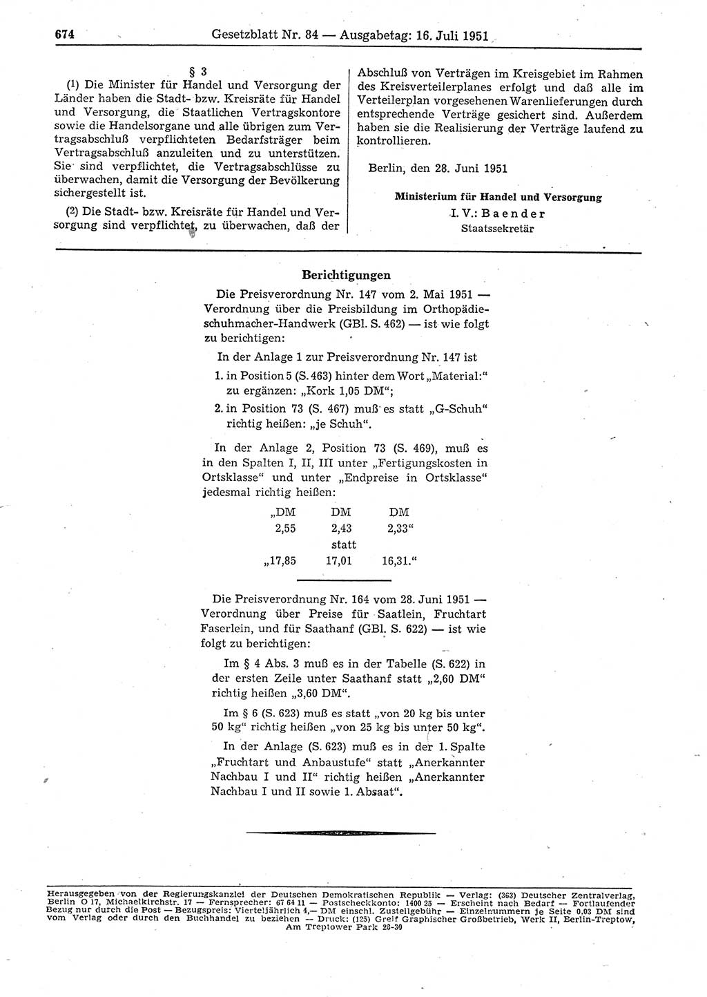 Gesetzblatt (GBl.) der Deutschen Demokratischen Republik (DDR) 1951, Seite 674 (GBl. DDR 1951, S. 674)