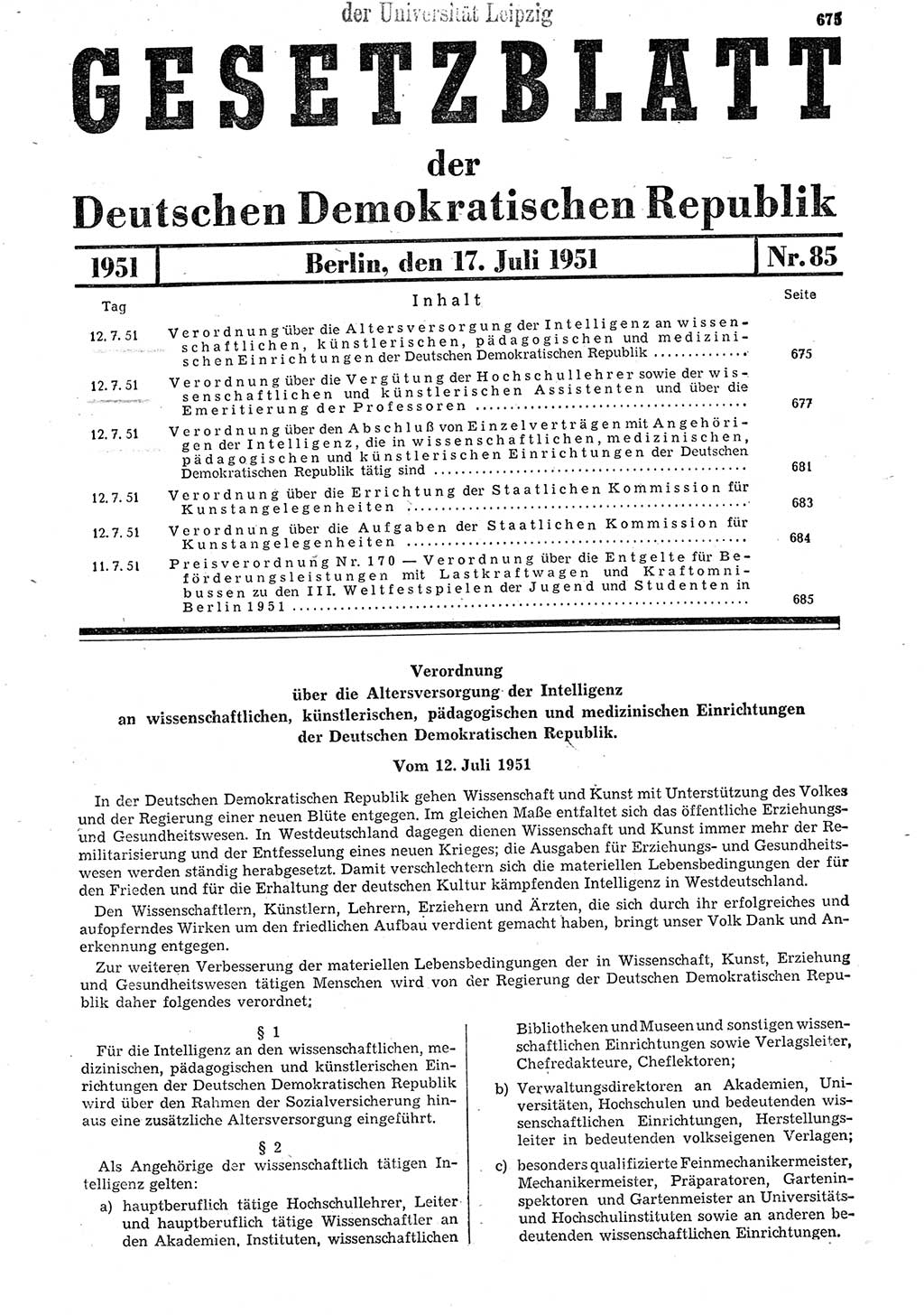Gesetzblatt (GBl.) der Deutschen Demokratischen Republik (DDR) 1951, Seite 675 (GBl. DDR 1951, S. 675)