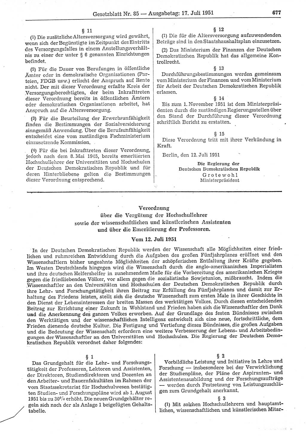 Gesetzblatt (GBl.) der Deutschen Demokratischen Republik (DDR) 1951, Seite 677 (GBl. DDR 1951, S. 677)