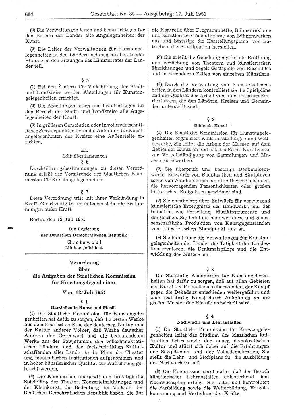 Gesetzblatt (GBl.) der Deutschen Demokratischen Republik (DDR) 1951, Seite 684 (GBl. DDR 1951, S. 684)