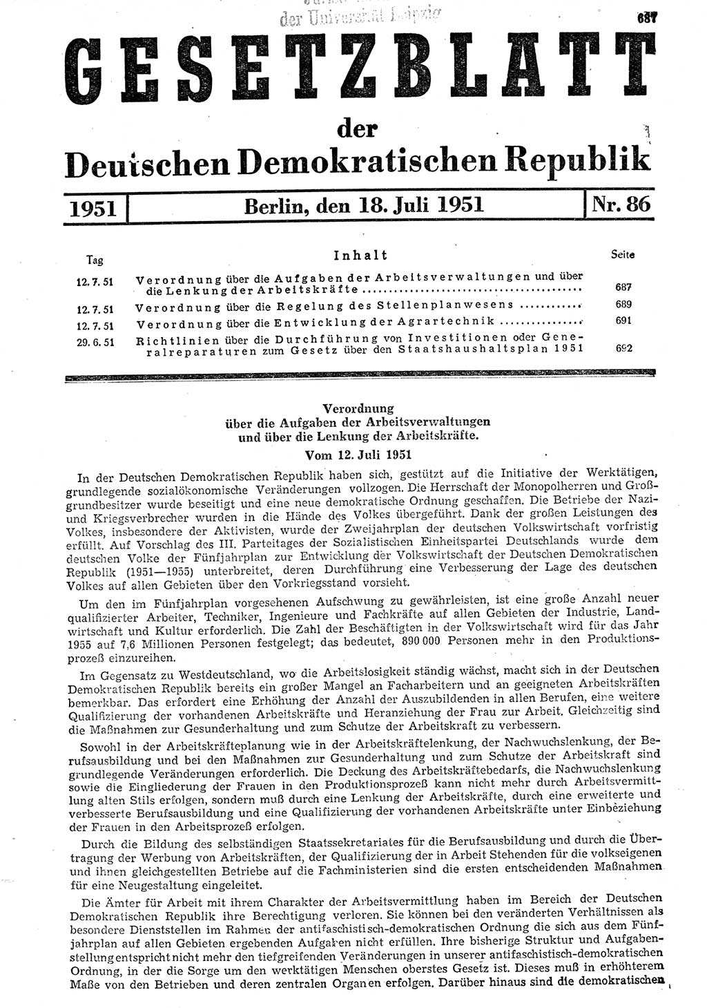 Gesetzblatt (GBl.) der Deutschen Demokratischen Republik (DDR) 1951, Seite 687 (GBl. DDR 1951, S. 687)