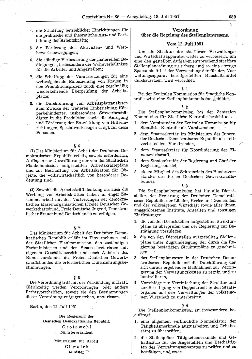 Gesetzblatt (GBl.) der Deutschen Demokratischen Republik (DDR) 1951, Seite 689 (GBl. DDR 1951, S. 689)
