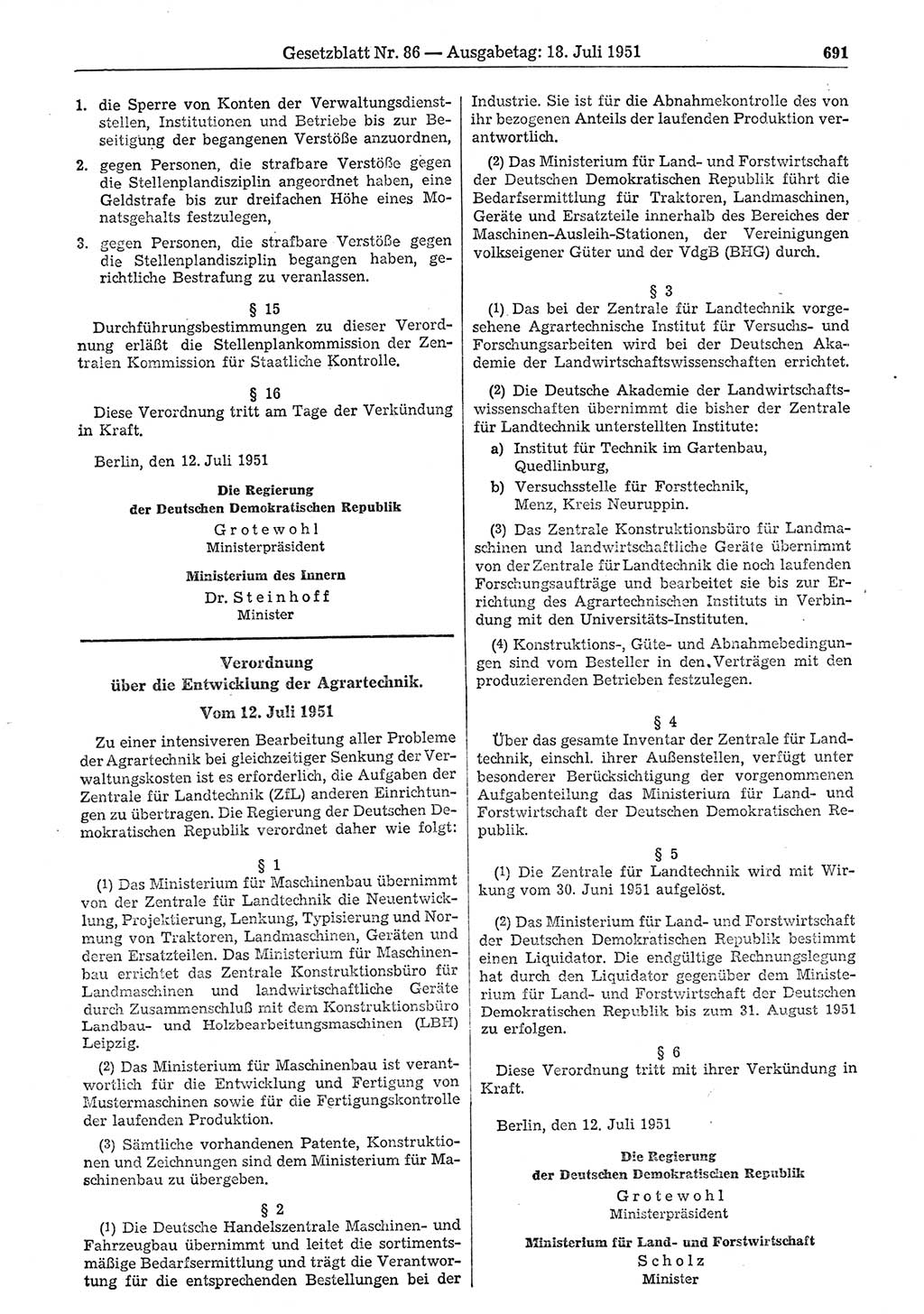 Gesetzblatt (GBl.) der Deutschen Demokratischen Republik (DDR) 1951, Seite 691 (GBl. DDR 1951, S. 691)