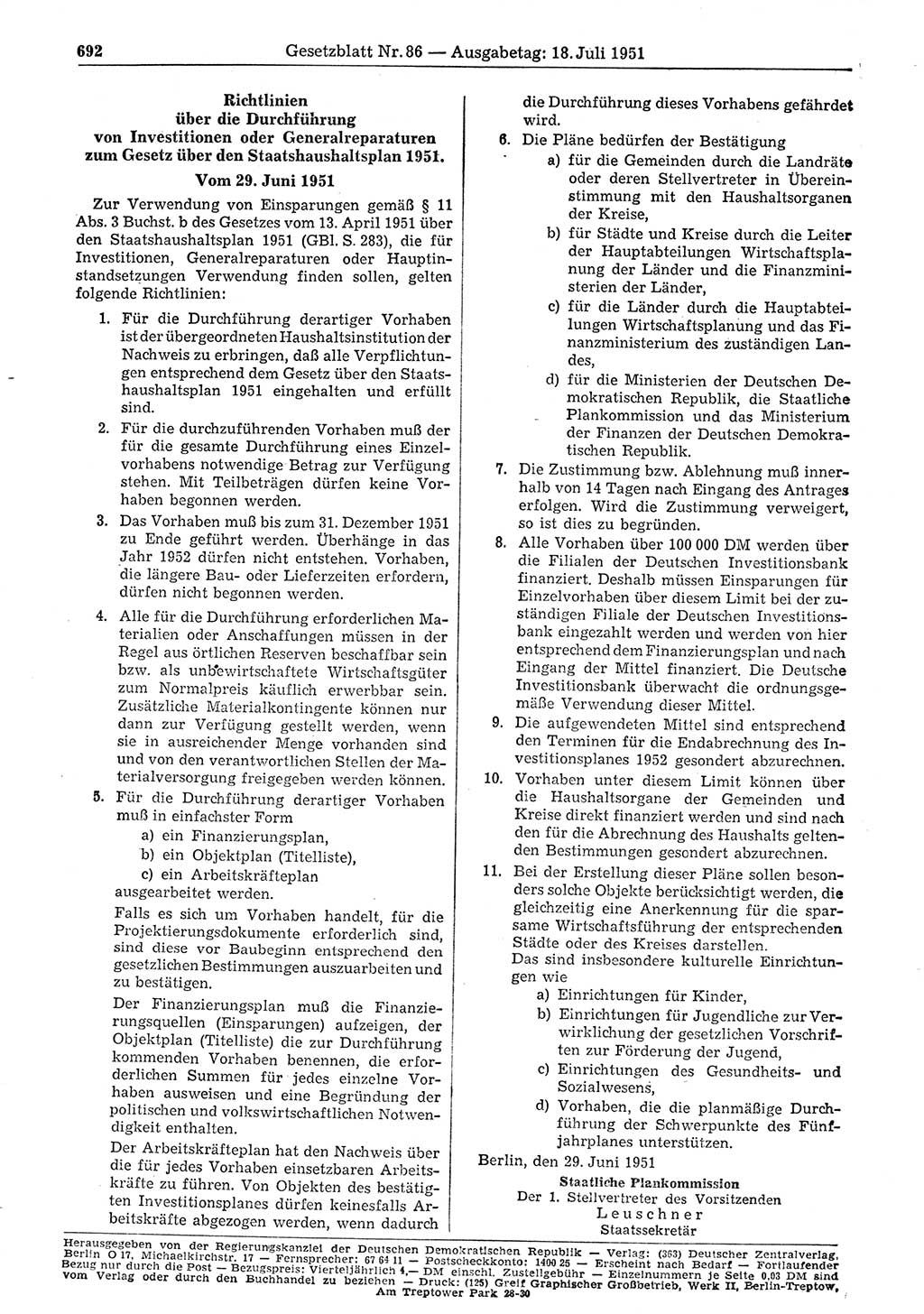 Gesetzblatt (GBl.) der Deutschen Demokratischen Republik (DDR) 1951, Seite 692 (GBl. DDR 1951, S. 692)