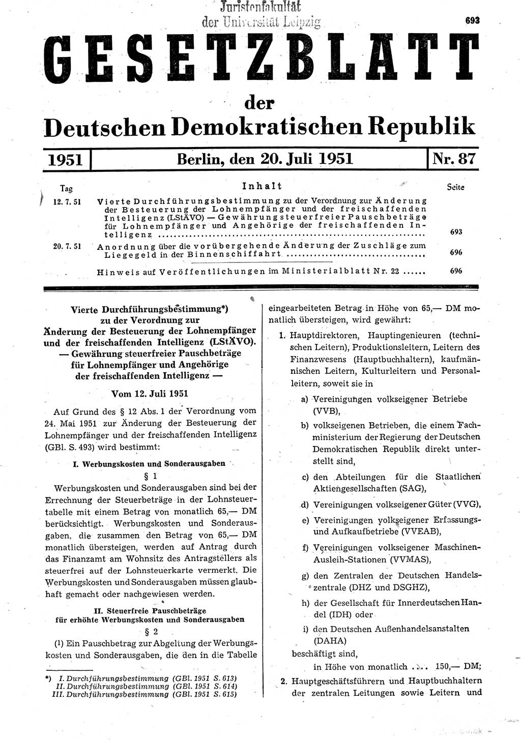 Gesetzblatt (GBl.) der Deutschen Demokratischen Republik (DDR) 1951, Seite 693 (GBl. DDR 1951, S. 693)