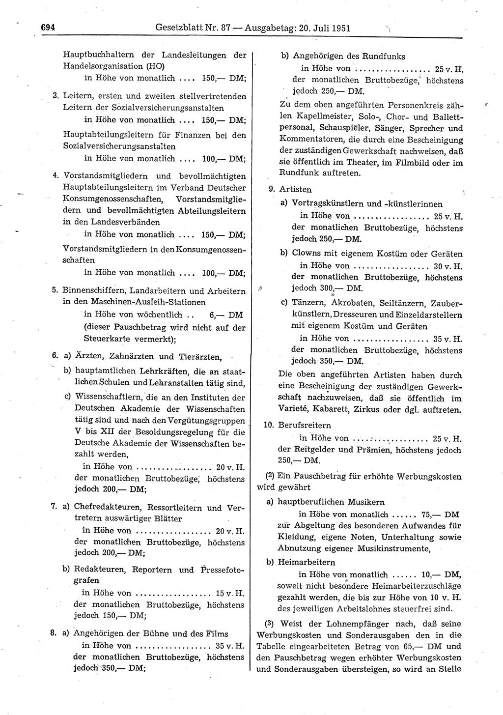 Gesetzblatt (GBl.) der Deutschen Demokratischen Republik (DDR) 1951, Seite 694 (GBl. DDR 1951, S. 694)