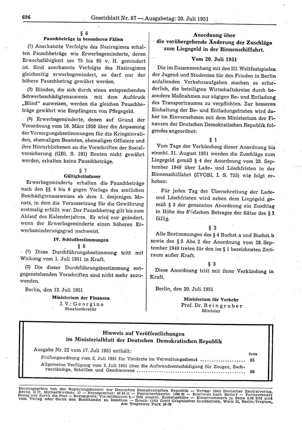 Gesetzblatt (GBl.) der Deutschen Demokratischen Republik (DDR) 1951, Seite 696 (GBl. DDR 1951, S. 696)