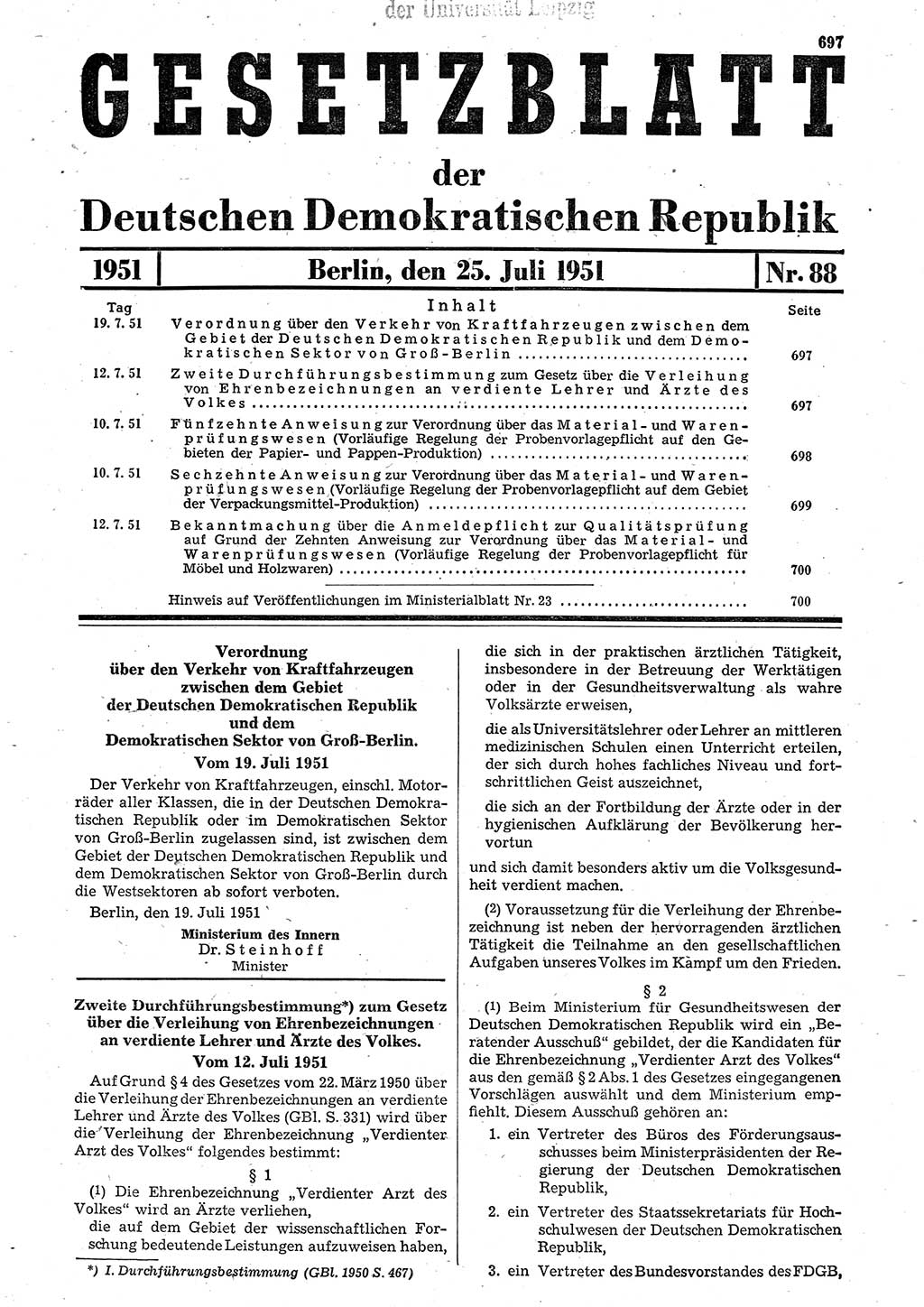 Gesetzblatt (GBl.) der Deutschen Demokratischen Republik (DDR) 1951, Seite 697 (GBl. DDR 1951, S. 697)