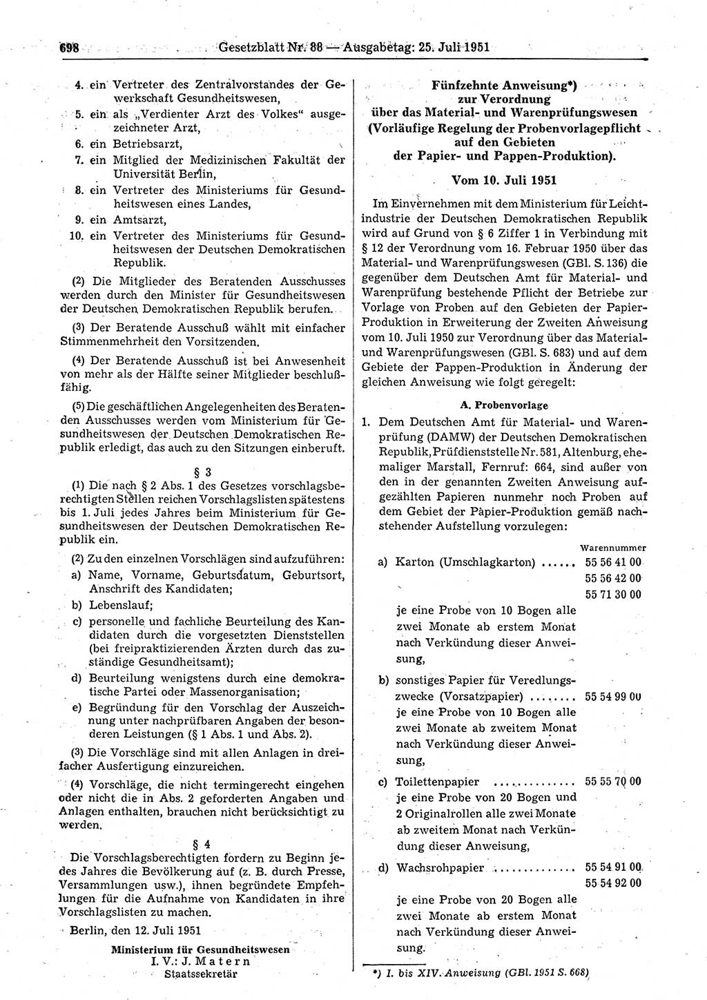 Gesetzblatt (GBl.) der Deutschen Demokratischen Republik (DDR) 1951, Seite 698 (GBl. DDR 1951, S. 698)