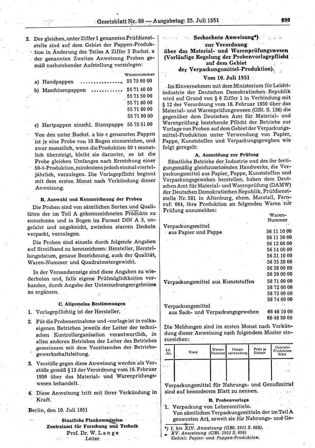 Gesetzblatt (GBl.) der Deutschen Demokratischen Republik (DDR) 1951, Seite 699 (GBl. DDR 1951, S. 699)