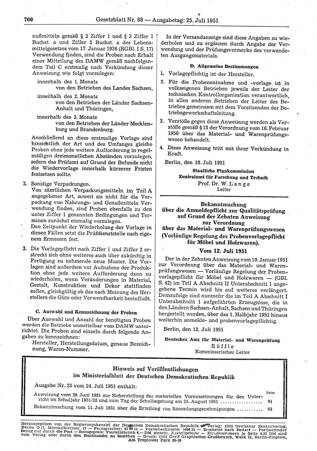 Gesetzblatt (GBl.) der Deutschen Demokratischen Republik (DDR) 1951, Seite 700 (GBl. DDR 1951, S. 700)