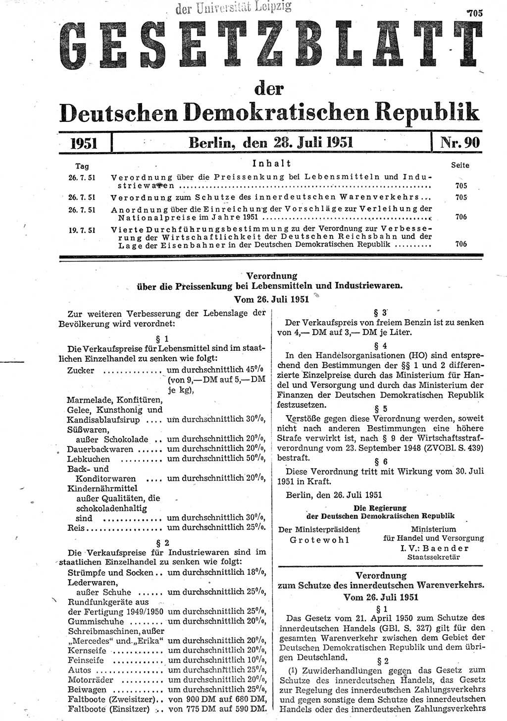 Gesetzblatt (GBl.) der Deutschen Demokratischen Republik (DDR) 1951, Seite 705 (GBl. DDR 1951, S. 705)