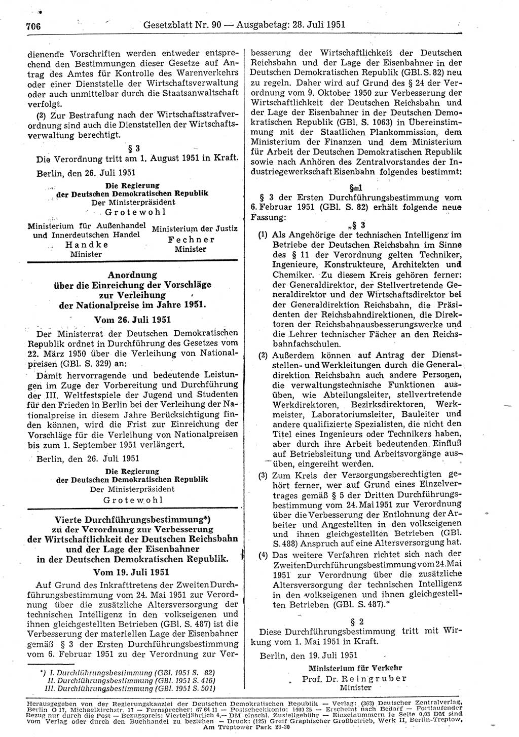 Gesetzblatt (GBl.) der Deutschen Demokratischen Republik (DDR) 1951, Seite 706 (GBl. DDR 1951, S. 706)