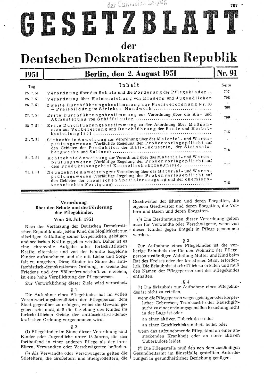 Gesetzblatt (GBl.) der Deutschen Demokratischen Republik (DDR) 1951, Seite 707 (GBl. DDR 1951, S. 707)