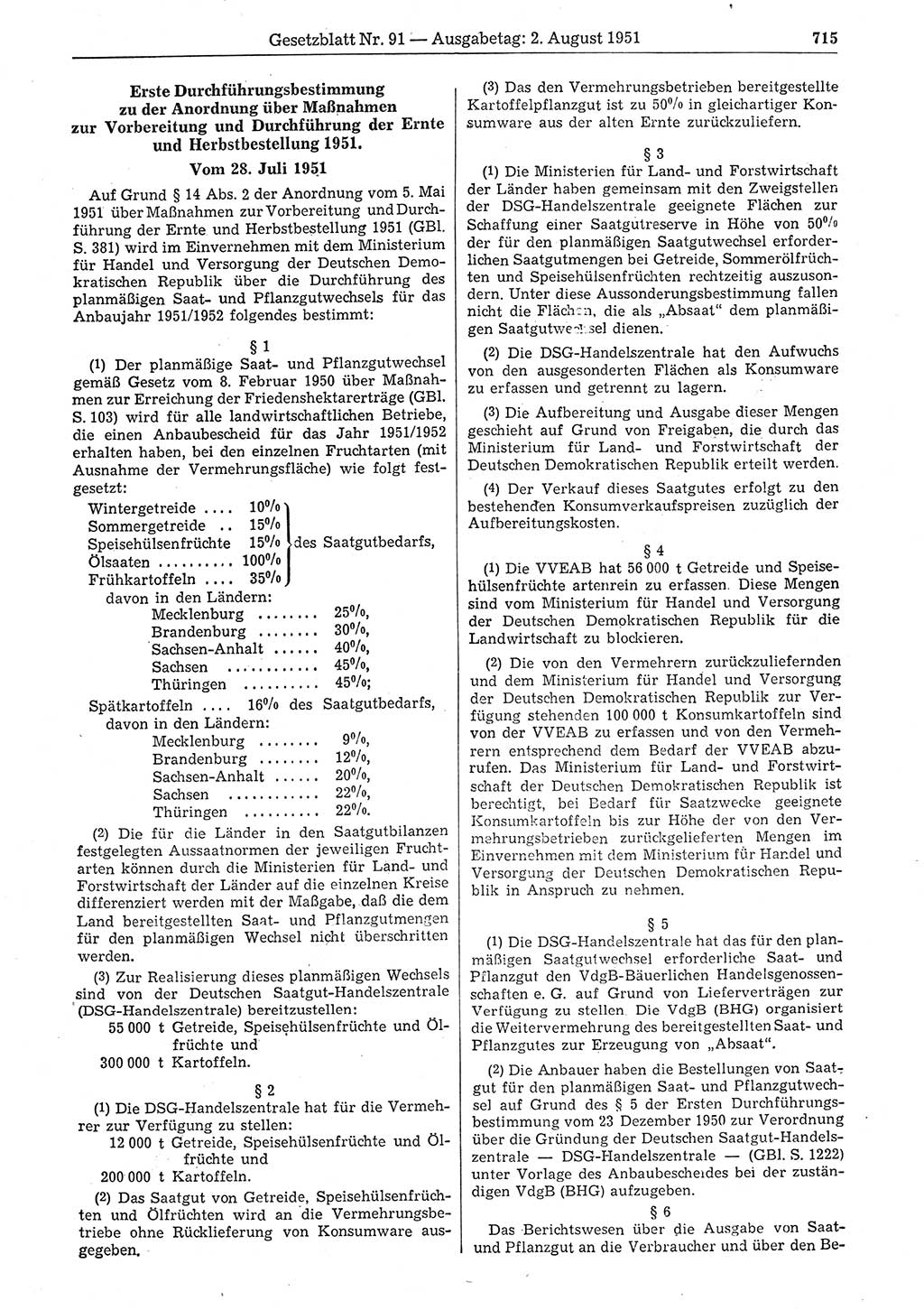 Gesetzblatt (GBl.) der Deutschen Demokratischen Republik (DDR) 1951, Seite 715 (GBl. DDR 1951, S. 715)