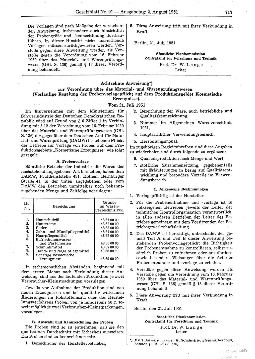 Gesetzblatt (GBl.) der Deutschen Demokratischen Republik (DDR) 1951, Seite 717 (GBl. DDR 1951, S. 717)