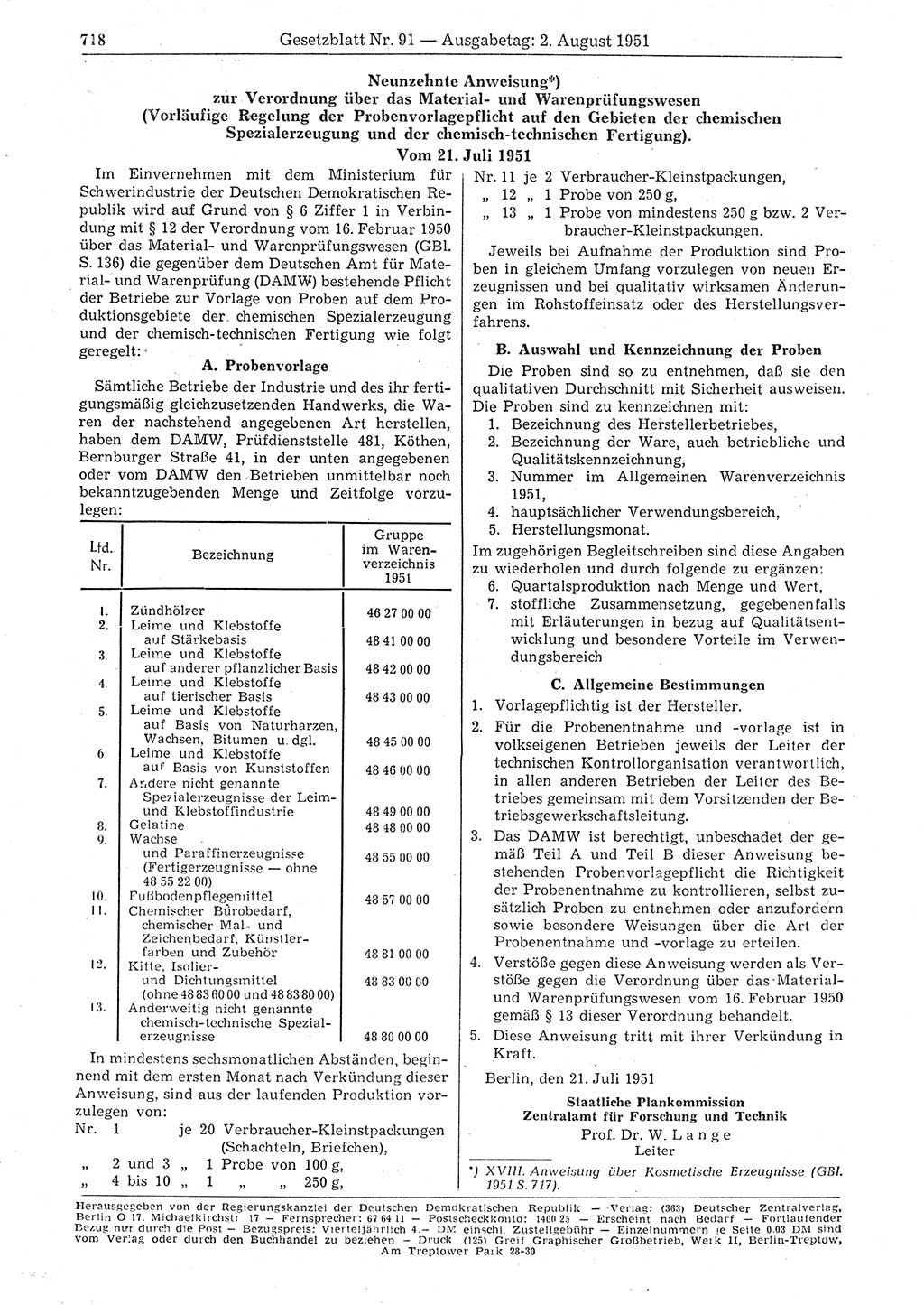 Gesetzblatt (GBl.) der Deutschen Demokratischen Republik (DDR) 1951, Seite 718 (GBl. DDR 1951, S. 718)