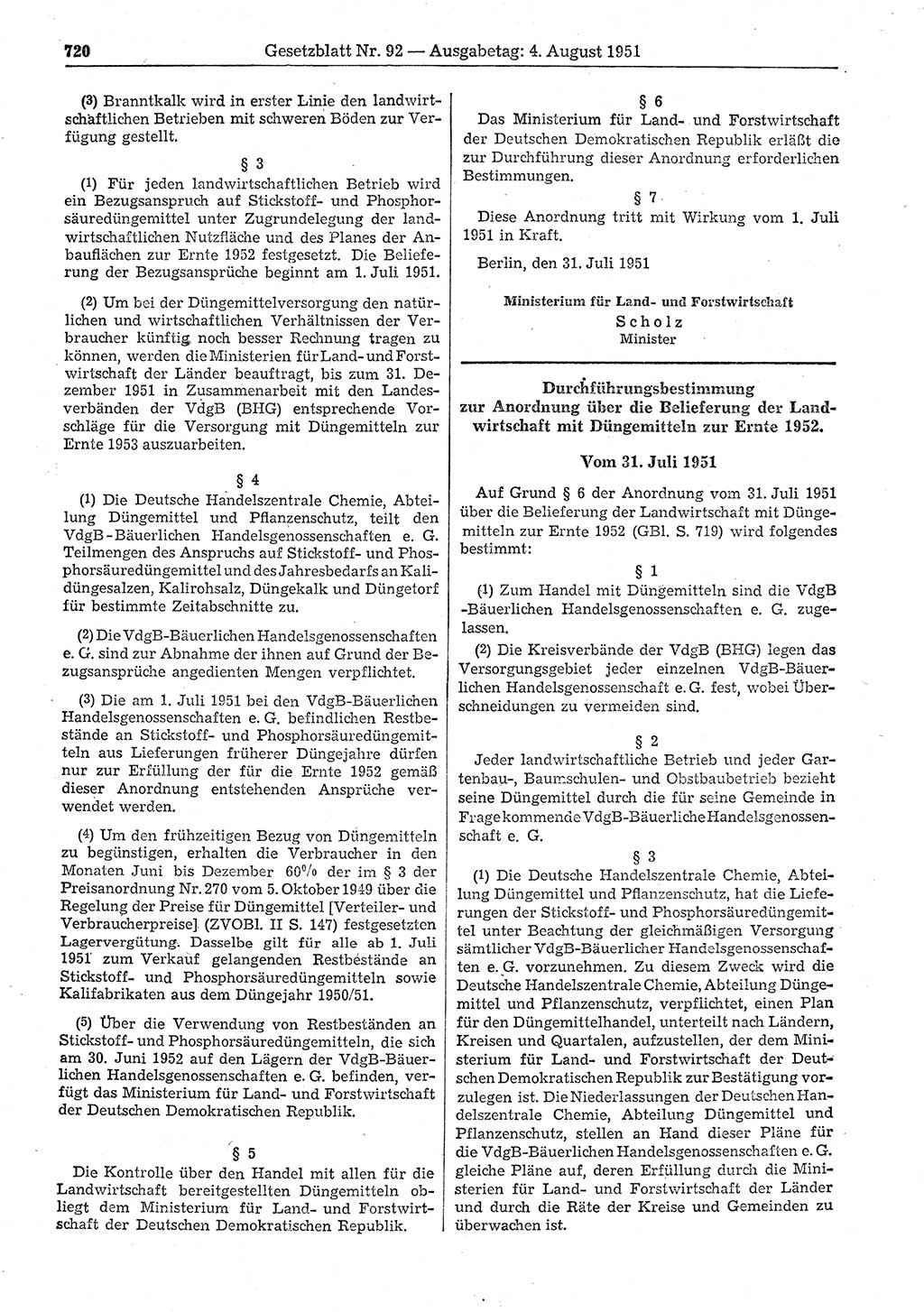 Gesetzblatt (GBl.) der Deutschen Demokratischen Republik (DDR) 1951, Seite 720 (GBl. DDR 1951, S. 720)