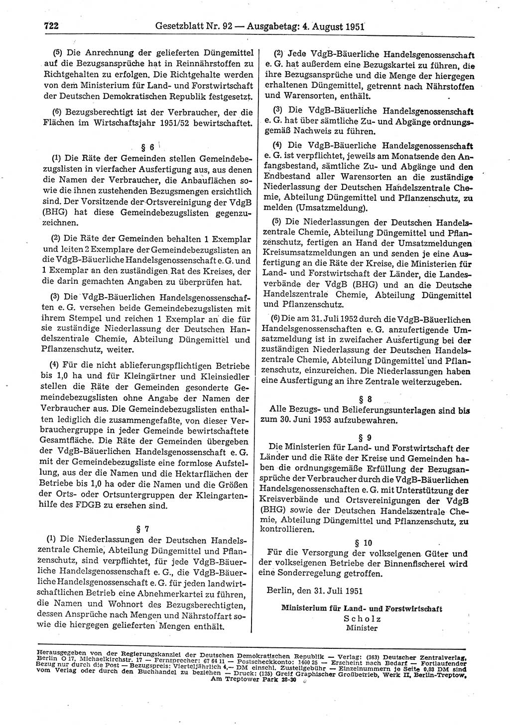 Gesetzblatt (GBl.) der Deutschen Demokratischen Republik (DDR) 1951, Seite 722 (GBl. DDR 1951, S. 722)