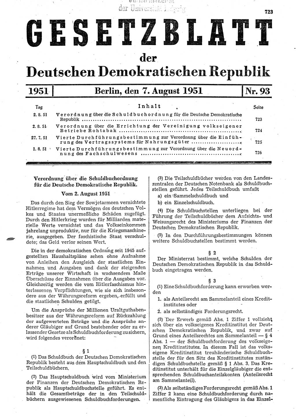 Gesetzblatt (GBl.) der Deutschen Demokratischen Republik (DDR) 1951, Seite 723 (GBl. DDR 1951, S. 723)
