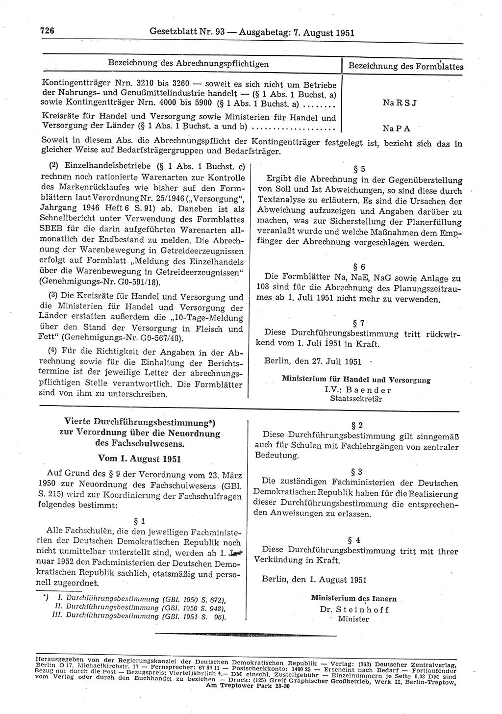 Gesetzblatt (GBl.) der Deutschen Demokratischen Republik (DDR) 1951, Seite 726 (GBl. DDR 1951, S. 726)