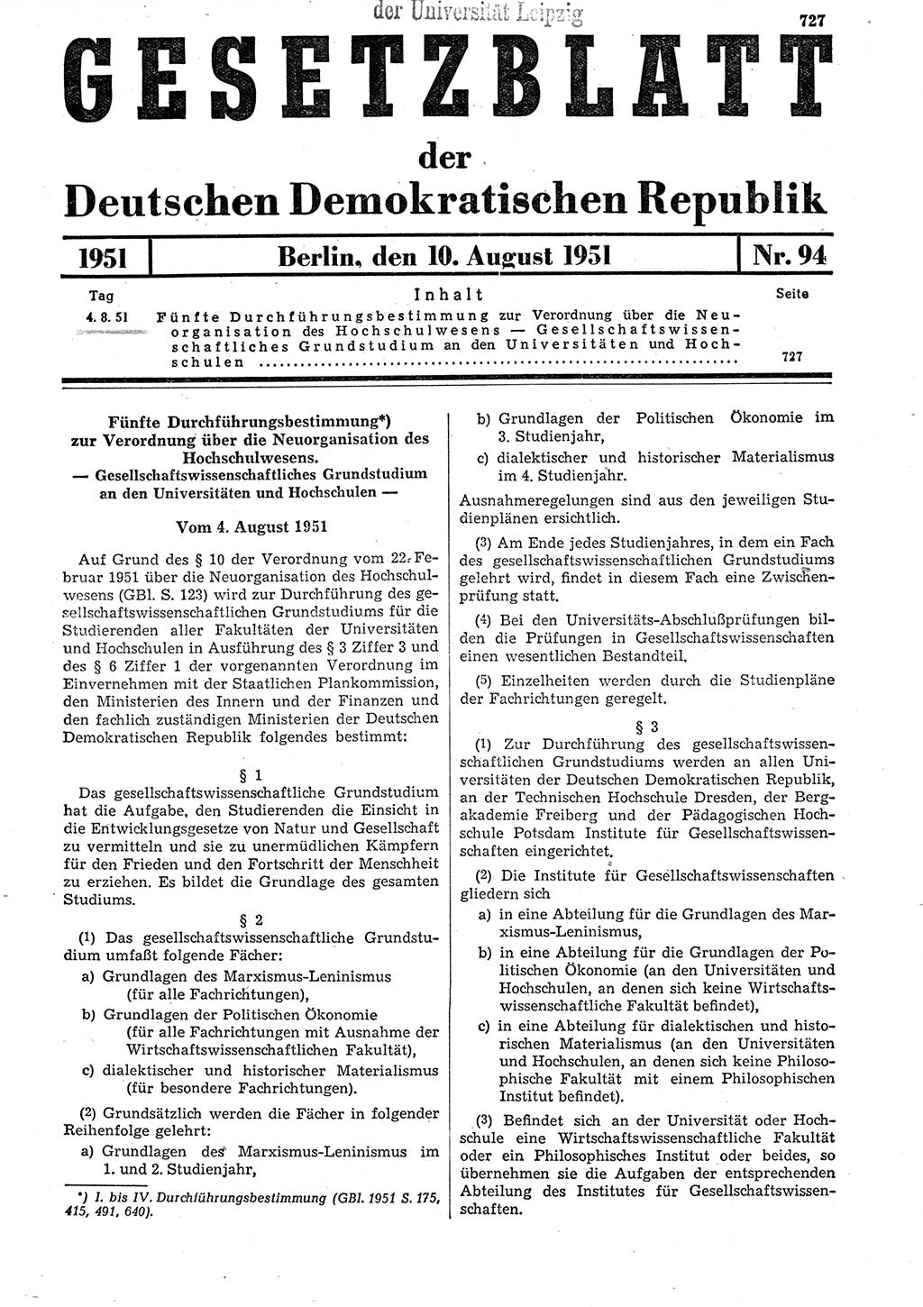 Gesetzblatt (GBl.) der Deutschen Demokratischen Republik (DDR) 1951, Seite 727 (GBl. DDR 1951, S. 727)