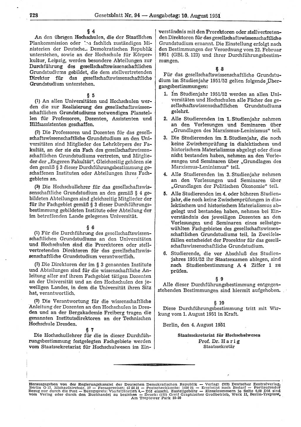 Gesetzblatt (GBl.) der Deutschen Demokratischen Republik (DDR) 1951, Seite 728 (GBl. DDR 1951, S. 728)