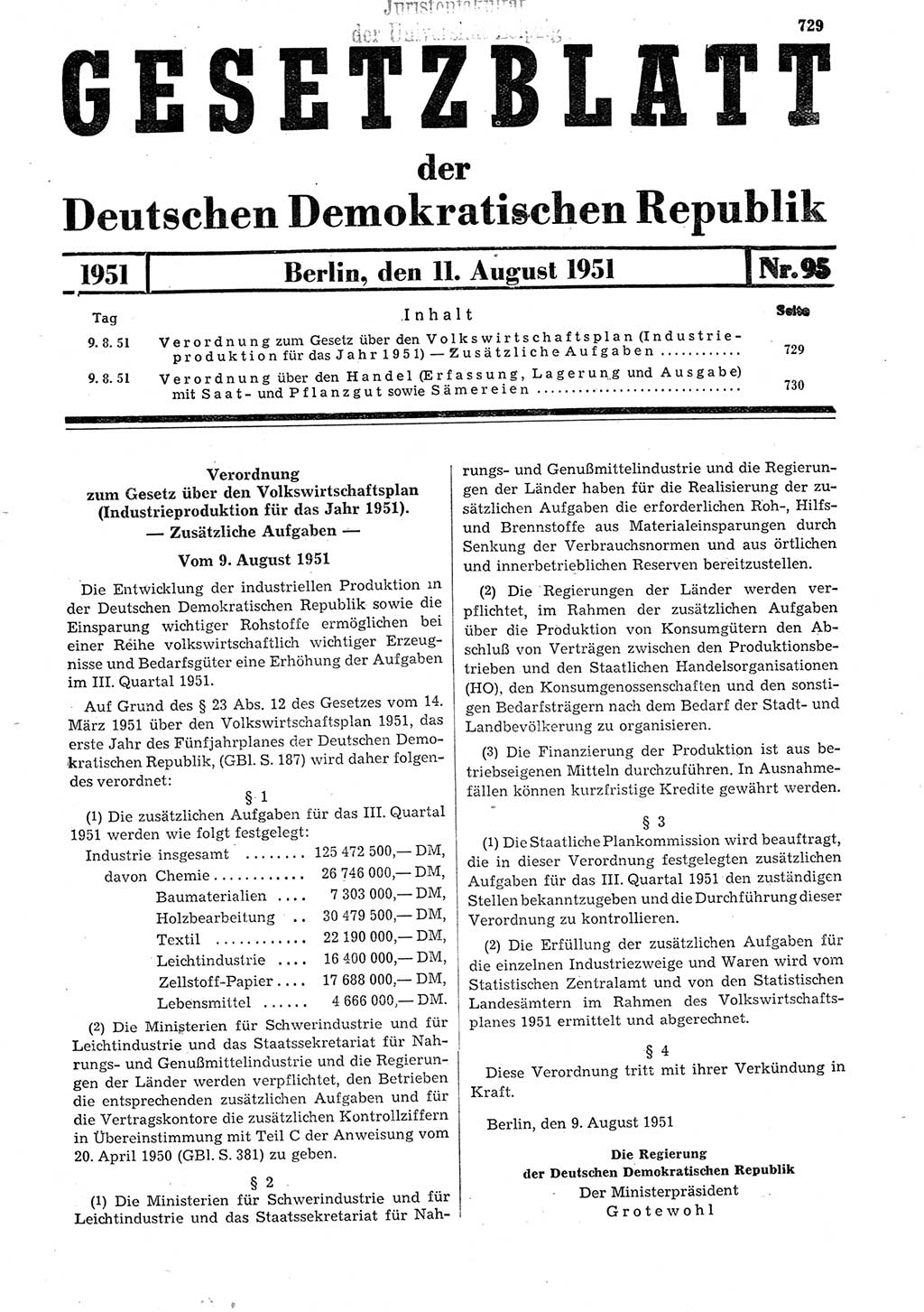 Gesetzblatt (GBl.) der Deutschen Demokratischen Republik (DDR) 1951, Seite 729 (GBl. DDR 1951, S. 729)