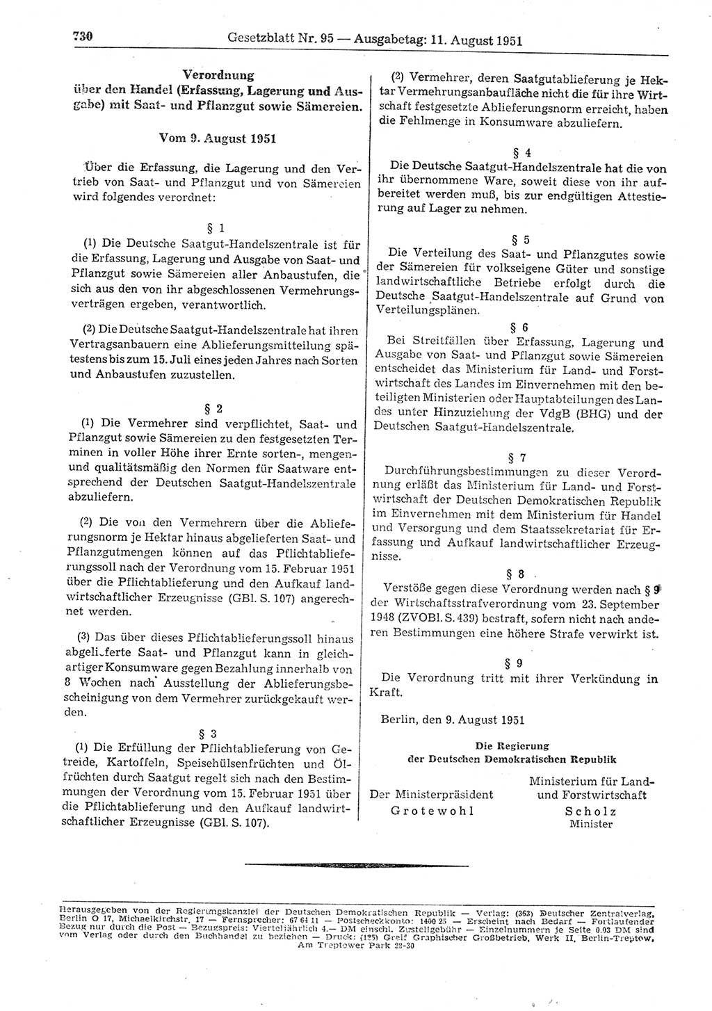 Gesetzblatt (GBl.) der Deutschen Demokratischen Republik (DDR) 1951, Seite 730 (GBl. DDR 1951, S. 730)