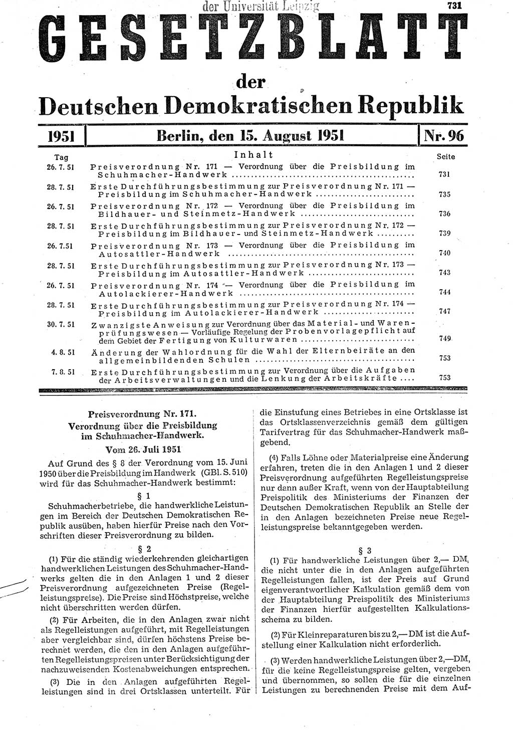 Gesetzblatt (GBl.) der Deutschen Demokratischen Republik (DDR) 1951, Seite 731 (GBl. DDR 1951, S. 731)