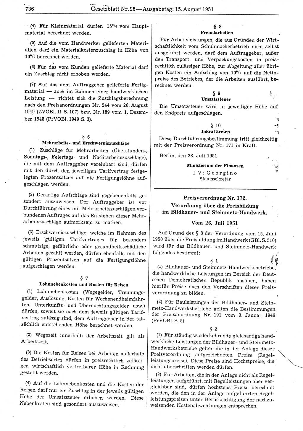 Gesetzblatt (GBl.) der Deutschen Demokratischen Republik (DDR) 1951, Seite 736 (GBl. DDR 1951, S. 736)