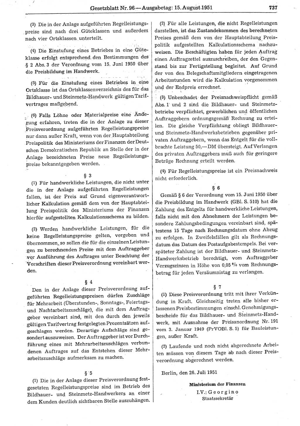 Gesetzblatt (GBl.) der Deutschen Demokratischen Republik (DDR) 1951, Seite 737 (GBl. DDR 1951, S. 737)